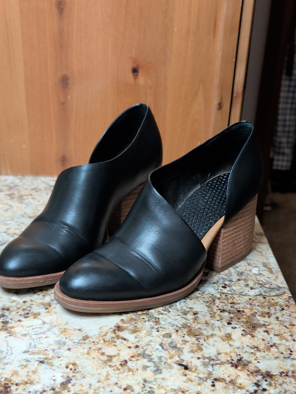 Kork-Ease Black Leather Heeled Cutout Booties with Brown Stacked Heel